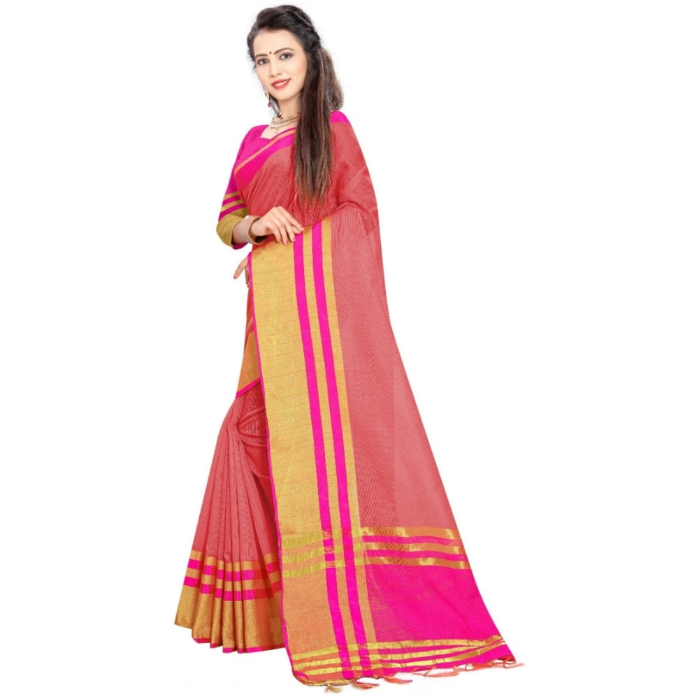 Women's Jacquard Striped Saree With Unstitched Blouse 5.5Mtr (Pink)