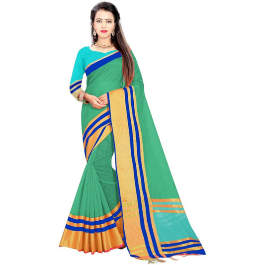 Women's Jacquard Striped Saree With Unstitched Blouse 5.5Mtr (Green)