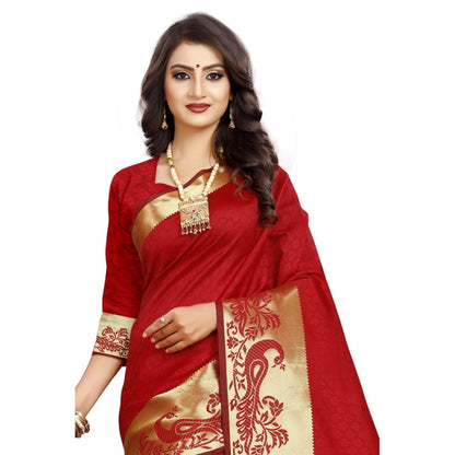 Women's Jacquard Woven Saree With Unstitched Blouse 5.5Mtr (Red)