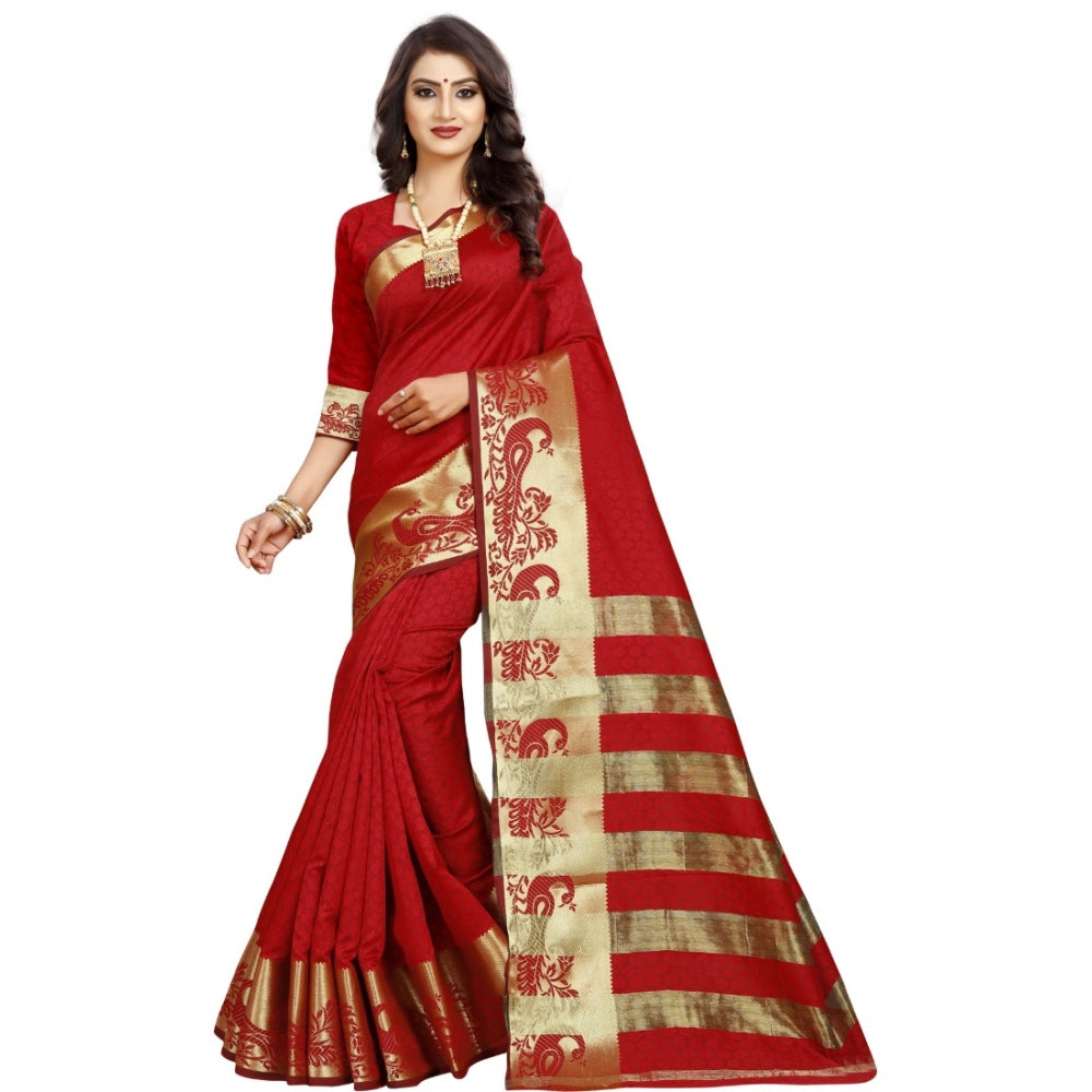 Women's Jacquard Woven Saree With Unstitched Blouse 5.5Mtr (Red)