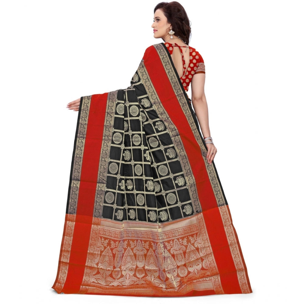 Women's Jacquard Woven Saree With Unstitched Blouse 5.5Mtr (Red-Black)