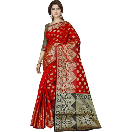 Women's Jacquard Woven Saree With Unstitched Blouse 5.5Mtr (Red)