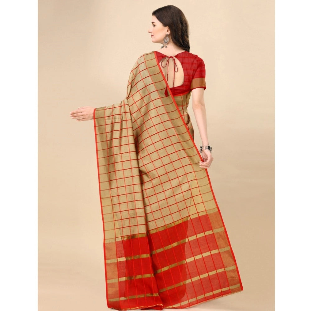 Women's Cotton Silk Checkered Saree With Unstitched Blouse 5.5Mtr (Brown)