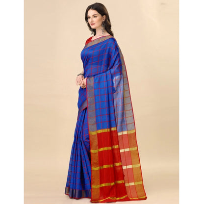 Women's Cotton Silk Checkered Saree With Unstitched Blouse 5.5Mtr (Blue)