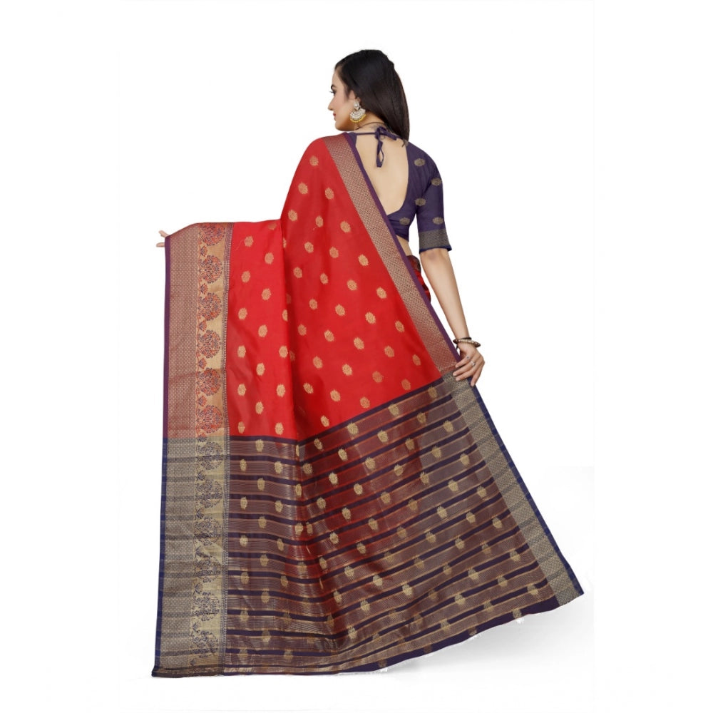 Women's Jacquard Woven Saree With Unstitched Blouse 5.5Mtr (Red)