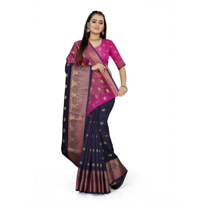 Women's Jacquard Woven Saree With Unstitched Blouse 5.5Mtr (Dark Blue)