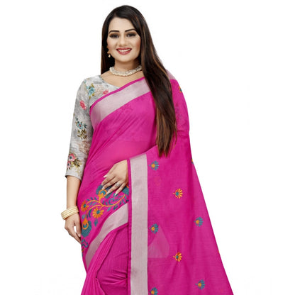 Women's Cotton Silk Embroidered Saree With Unstitched Blouse 5.5Mtr (Pink)