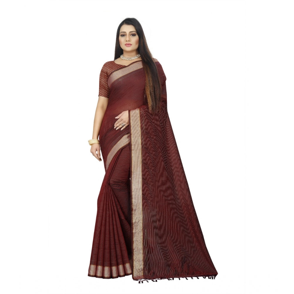 Women's Cotton Blend Solid/Plain Saree With Unstitched Blouse 5.5Mtr (Maroon)