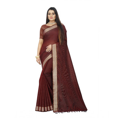 Women's Cotton Blend Solid/Plain Saree With Unstitched Blouse 5.5Mtr (Maroon)