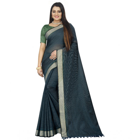 Women's Cotton Blend Solid/Plain Saree With Unstitched Blouse 5.5Mtr (Dark Green)