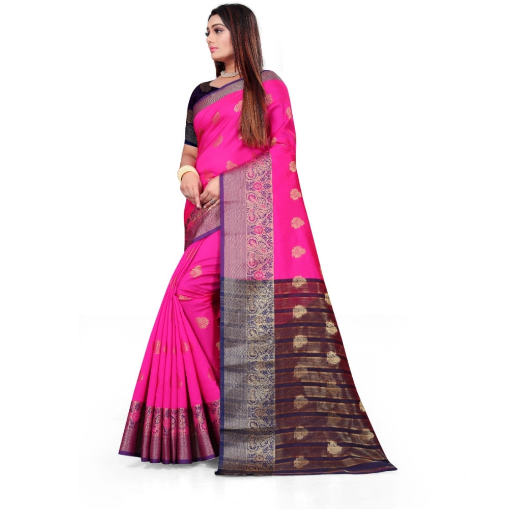 Women's Silk Blend Woven Saree With Unstitched Blouse 5.5Mtr (Pink)