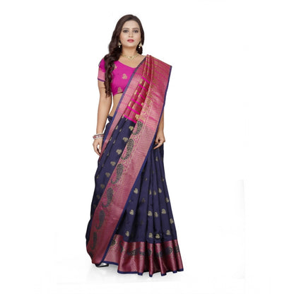 Women's Jacquard Woven Saree With Unstitched Blouse 5.5Mtr (Dark Blue)