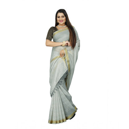 Women's Cotton Blend Solid/Plain Saree With Unstitched Blouse 5.5Mtr (Light Blue)