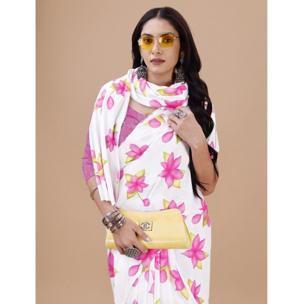 Women's Crepe Digital Print Saree With Unstitched Blouse 5.5Mtr (Pink)