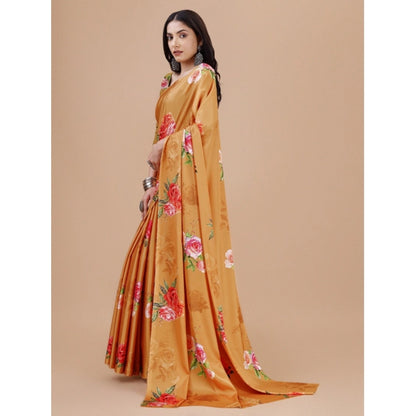 Women's Crepe Digital Print Saree With Unstitched Blouse 5.5Mtr (Mustard)