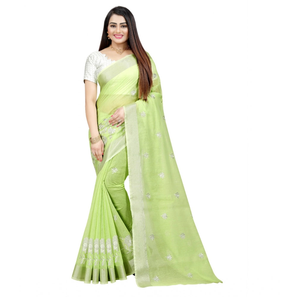 Women's Cotton Silk Embroidered Saree With Unstitched Blouse 5.5Mtr (Light Green)