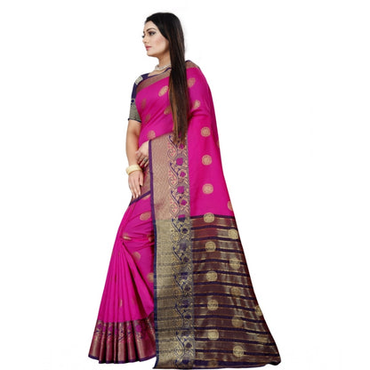 Women's Silk Blend Woven Saree With Unstitched Blouse 5.5Mtr (Blue-Pink)