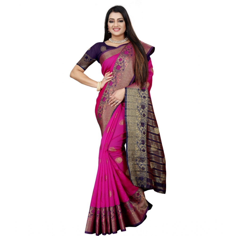 Women's Silk Blend Woven Saree With Unstitched Blouse 5.5Mtr (Blue-Pink)