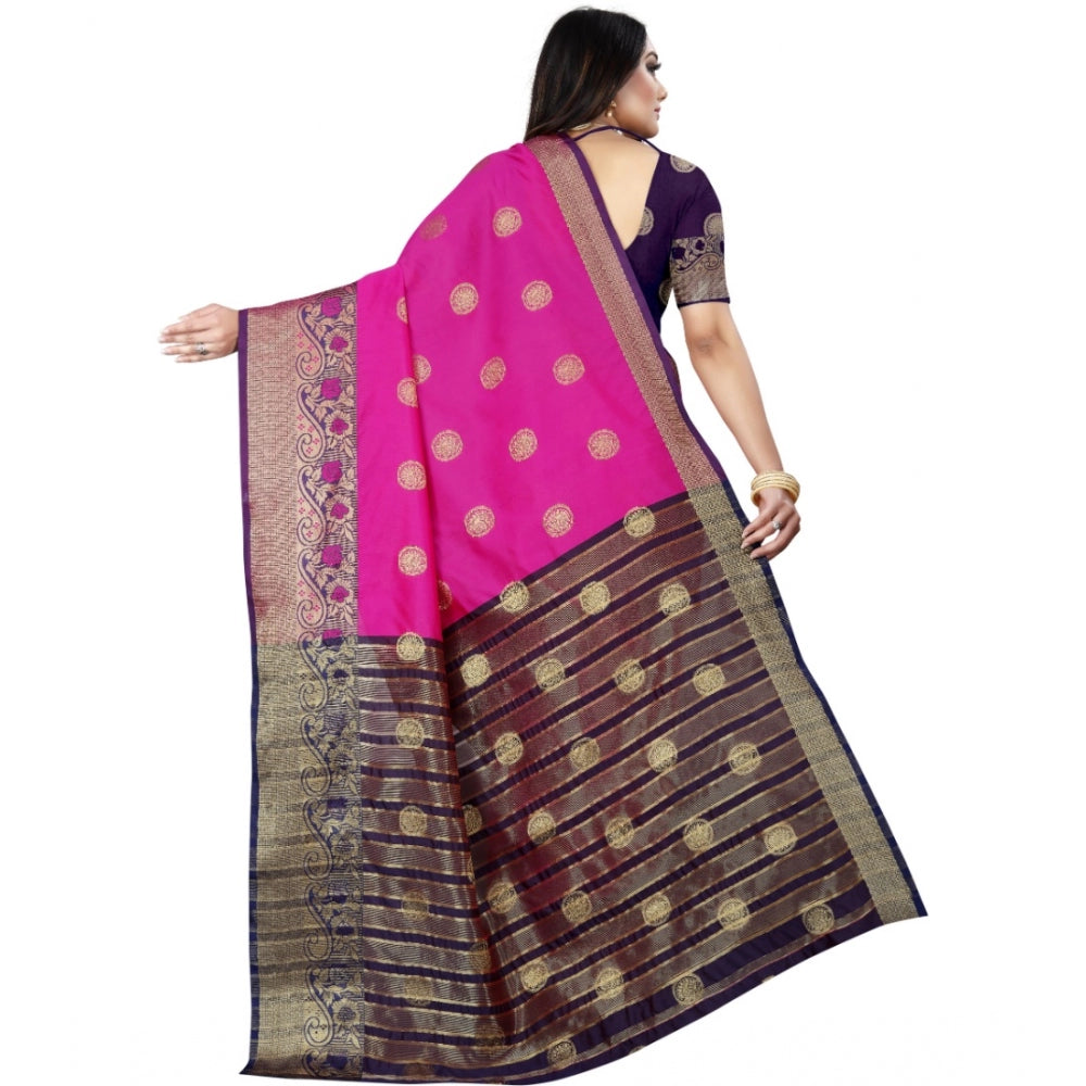 Women's Silk Blend Woven Saree With Unstitched Blouse 5.5Mtr (Blue-Pink)