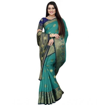 Women's Silk Blend Woven Saree With Unstitched Blouse 5.5Mtr (Green-Blue)