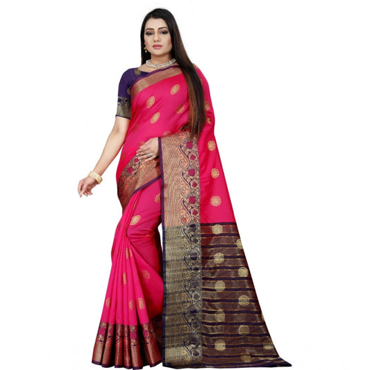 Women's Silk Blend Woven Saree With Unstitched Blouse 5.5Mtr (Blue-Pink)