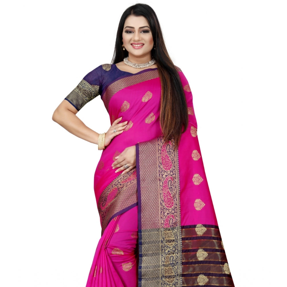 Women's Silk Blend Woven Saree With Unstitched Blouse 5.5Mtr (Purple-Pink)