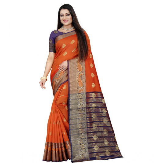 Women's Silk Blend Woven Saree With Unstitched Blouse 5.5Mtr (Purple-Orange)