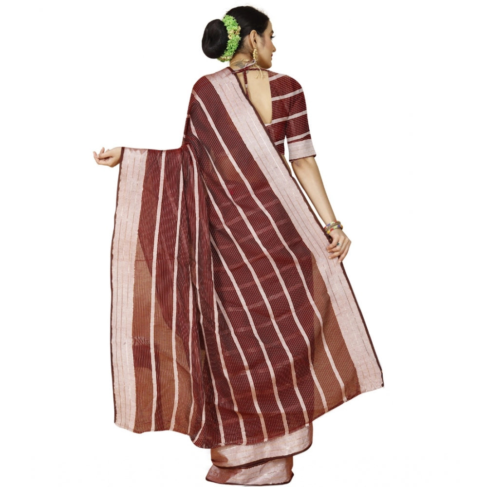 Women's Cotton Silk Striped Saree With Unstitched Blouse 5.5Mtr (Red)