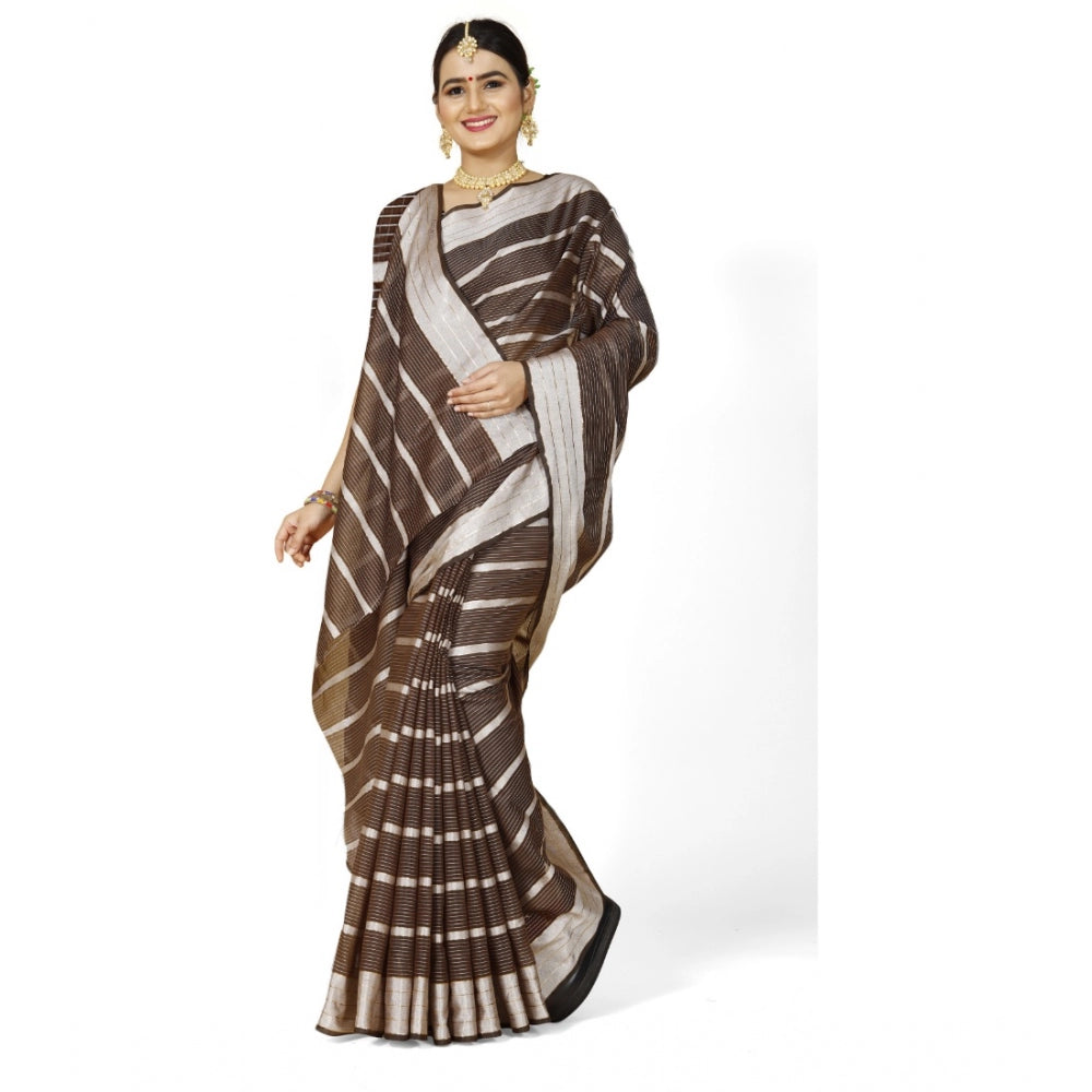 Women's Cotton Silk Striped Saree With Unstitched Blouse 5.5Mtr (Brown)