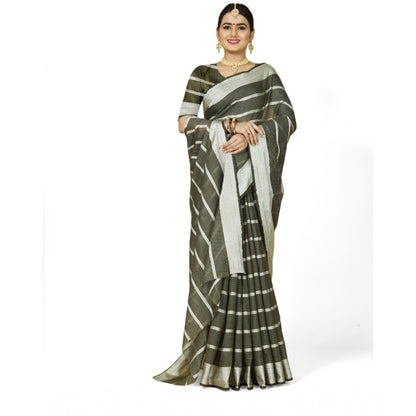 Women's Cotton Silk Striped Saree With Unstitched Blouse 5.5Mtr (Green)