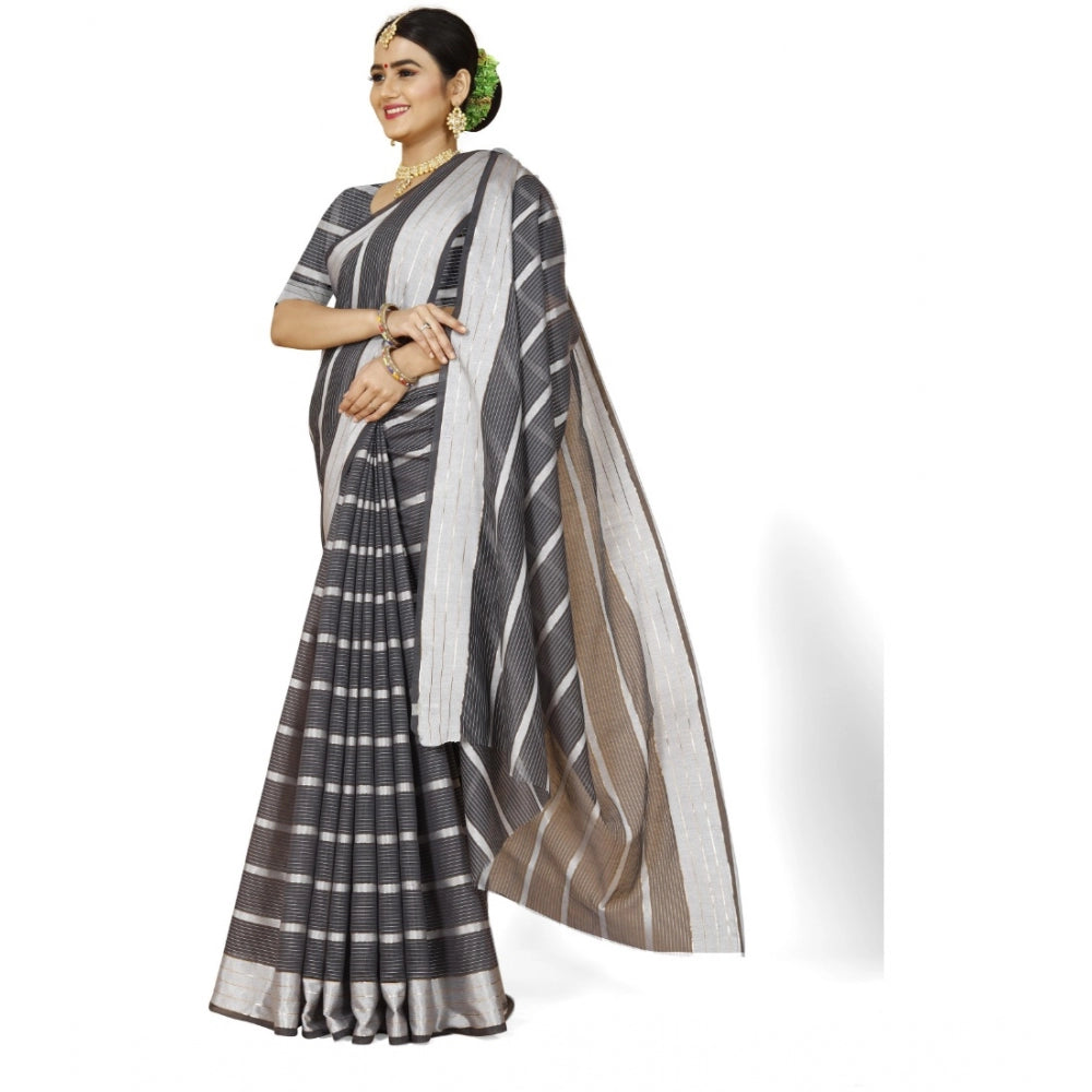 Women's Cotton Silk Striped Saree With Unstitched Blouse 5.5Mtr (Grey)