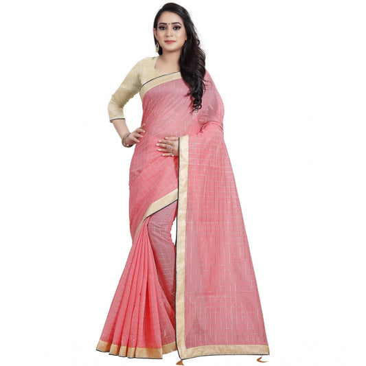 Women's Cotton Silk Checkered Saree With Unstitched Blouse 5.5Mtr (Pink)