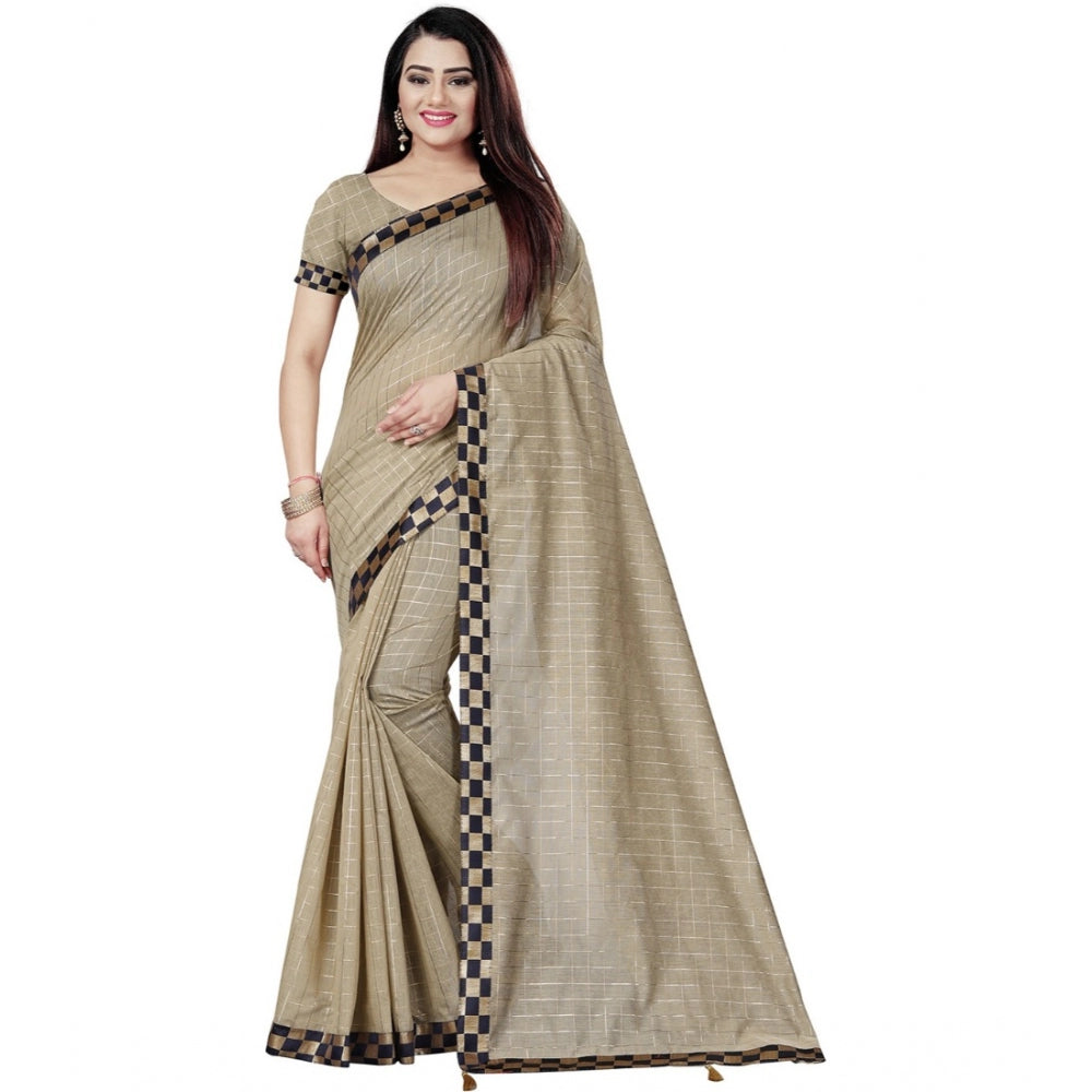 Women's Cotton Silk Checkered Saree With Unstitched Blouse 5.5Mtr (Cream)