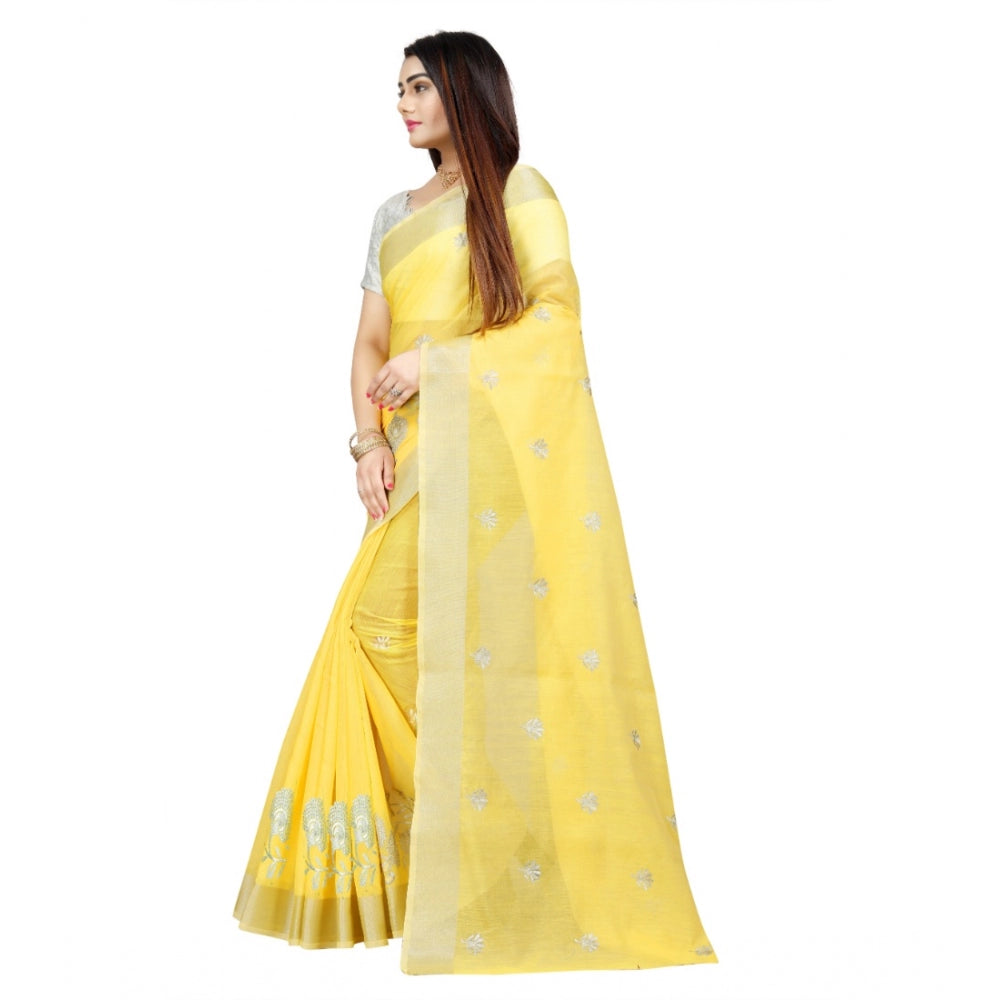 Women's Cotton Silk Embroidered Saree With Unstitched Blouse 5.5Mtr (Yellow)