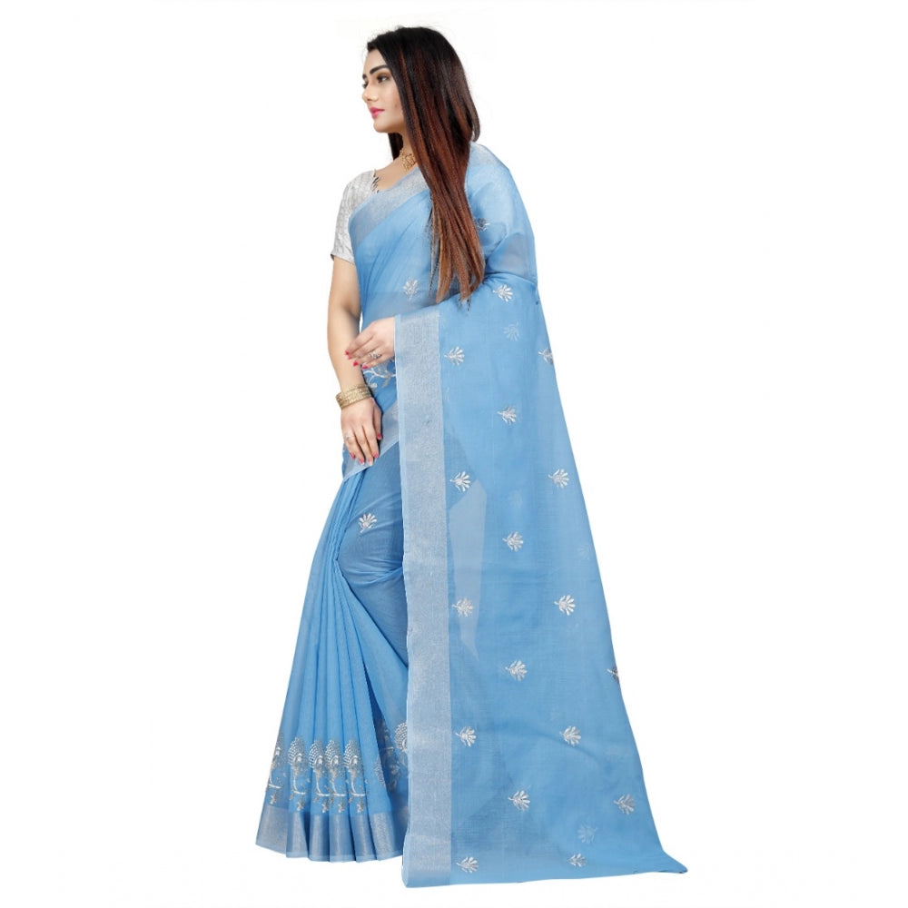 Women's Cotton Silk Embroidered Saree With Unstitched Blouse 5.5Mtr (Light Blue)