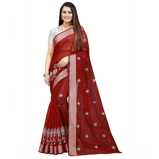 Women's Cotton Silk Embroidered Saree With Unstitched Blouse 5.5Mtr (Maroon)