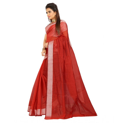 Women's Cotton Silk Self Design Saree With Unstitched Blouse 5.5Mtr (Red)