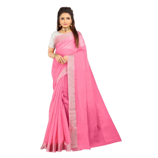 Women's Cotton Silk Self Design Saree With Unstitched Blouse 5.5Mtr (Pink)