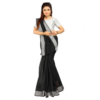 Women's Cotton Silk Self Design Saree With Unstitched Blouse 5.5Mtr (Black)