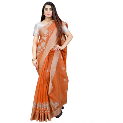 Women's Cotton Silk Embroidered Saree With Unstitched Blouse 5.5Mtr (Orange)