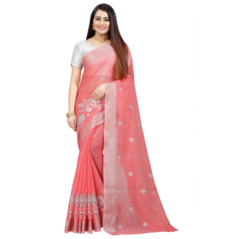 Women's Cotton Silk Embroidered Saree With Unstitched Blouse 5.5Mtr (Pink)