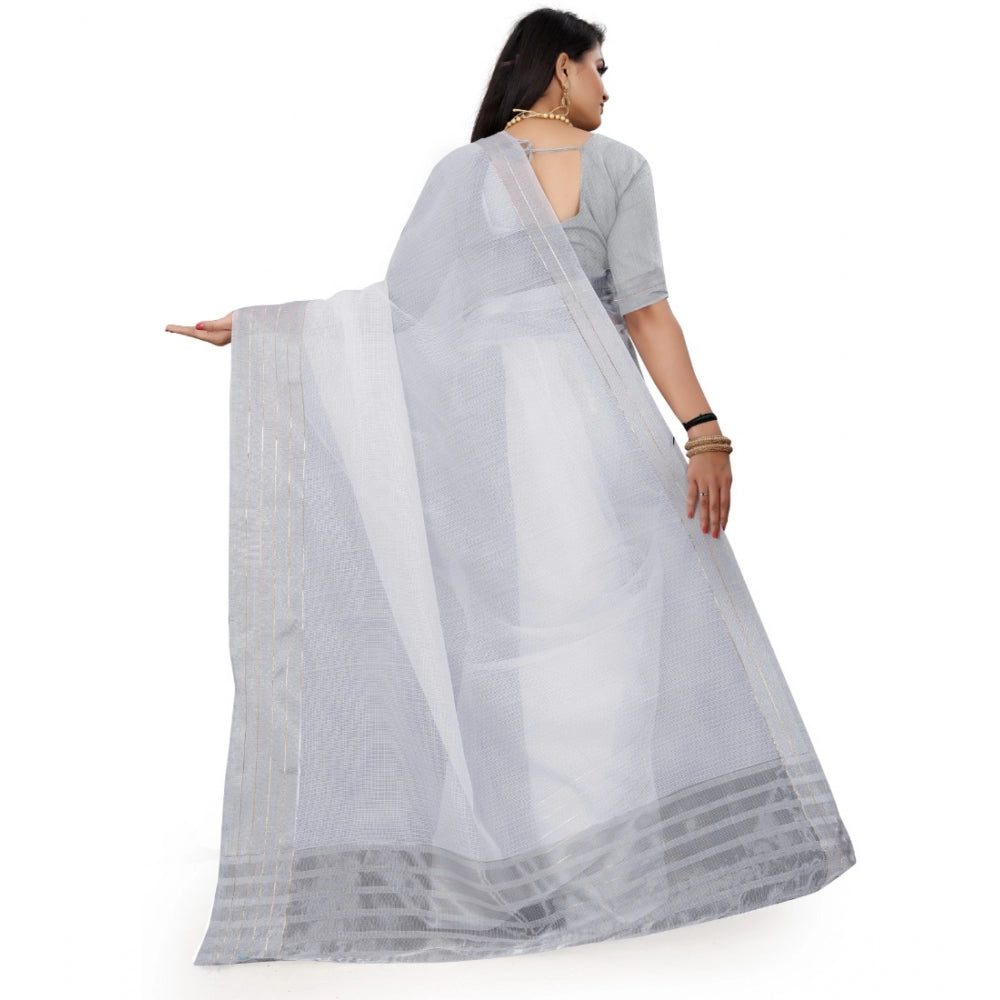 Women's Cotton Jute Self Design Saree With Unstitched Blouse 5.5Mtr (Grey)