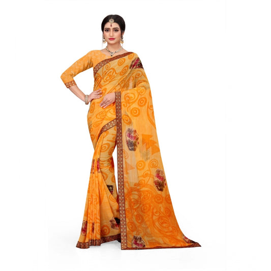 Women's Georgette Floral Print Saree With Unstitched Blouse 5.5Mtr (Mustard)