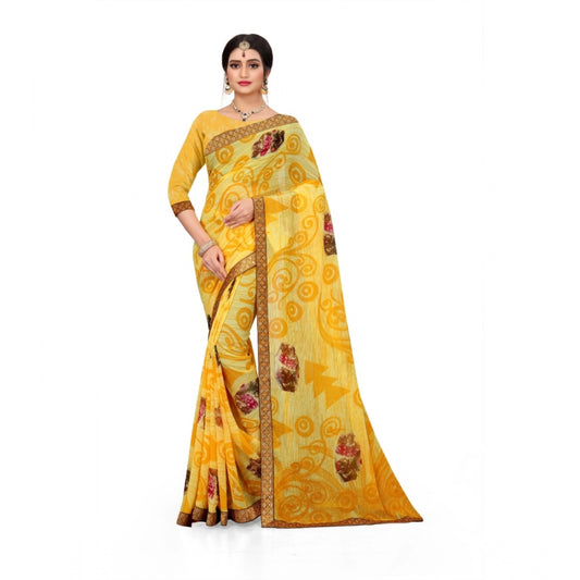 Women's Georgette Floral Print Saree With Unstitched Blouse 5.5Mtr (Yellow)