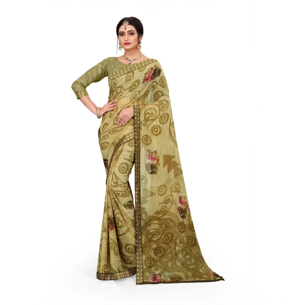 Women's Georgette Floral Print Saree With Unstitched Blouse 5.5Mtr (Brown)