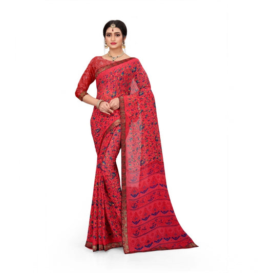 Women's Georgette Floral Print Saree With Unstitched Blouse 5.5Mtr (Red)