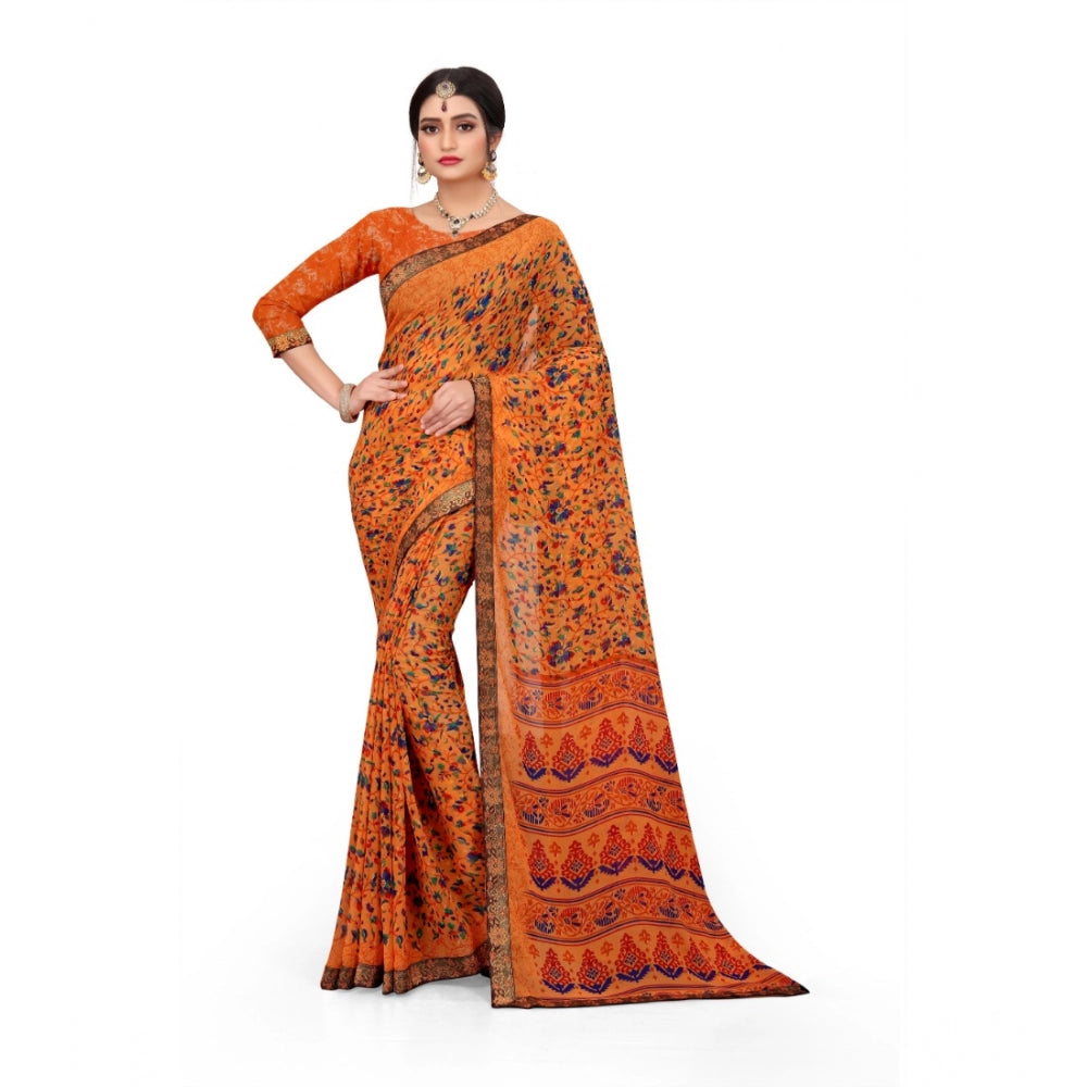 Women's Georgette Floral Print Saree With Unstitched Blouse 5.5Mtr (Orange)