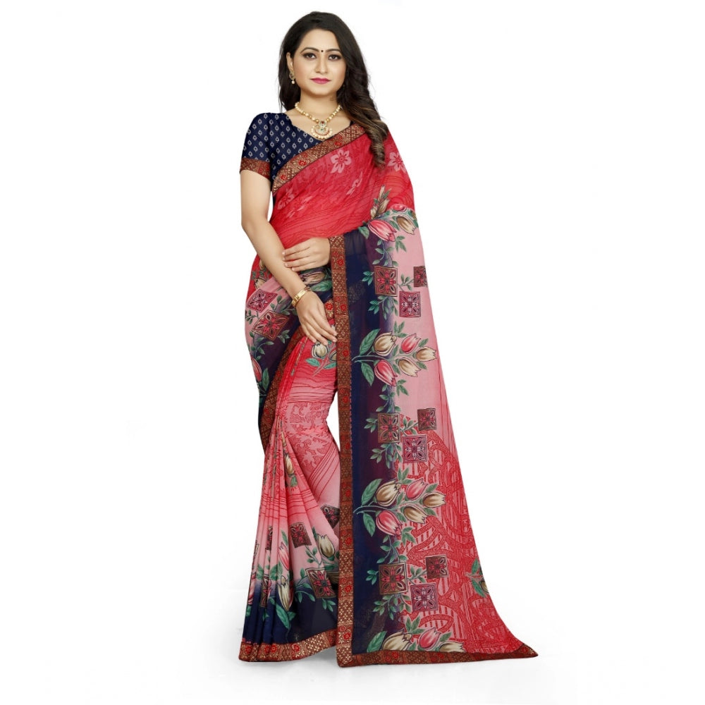 Women's Georgette Floral Print Saree With Unstitched Blouse 5.5Mtr (Red-Blue)