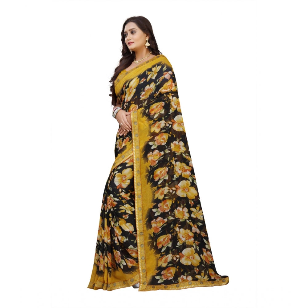 Women's Georgette Floral Print Saree With Unstitched Blouse 5.5Mtr (Black-Mustard)