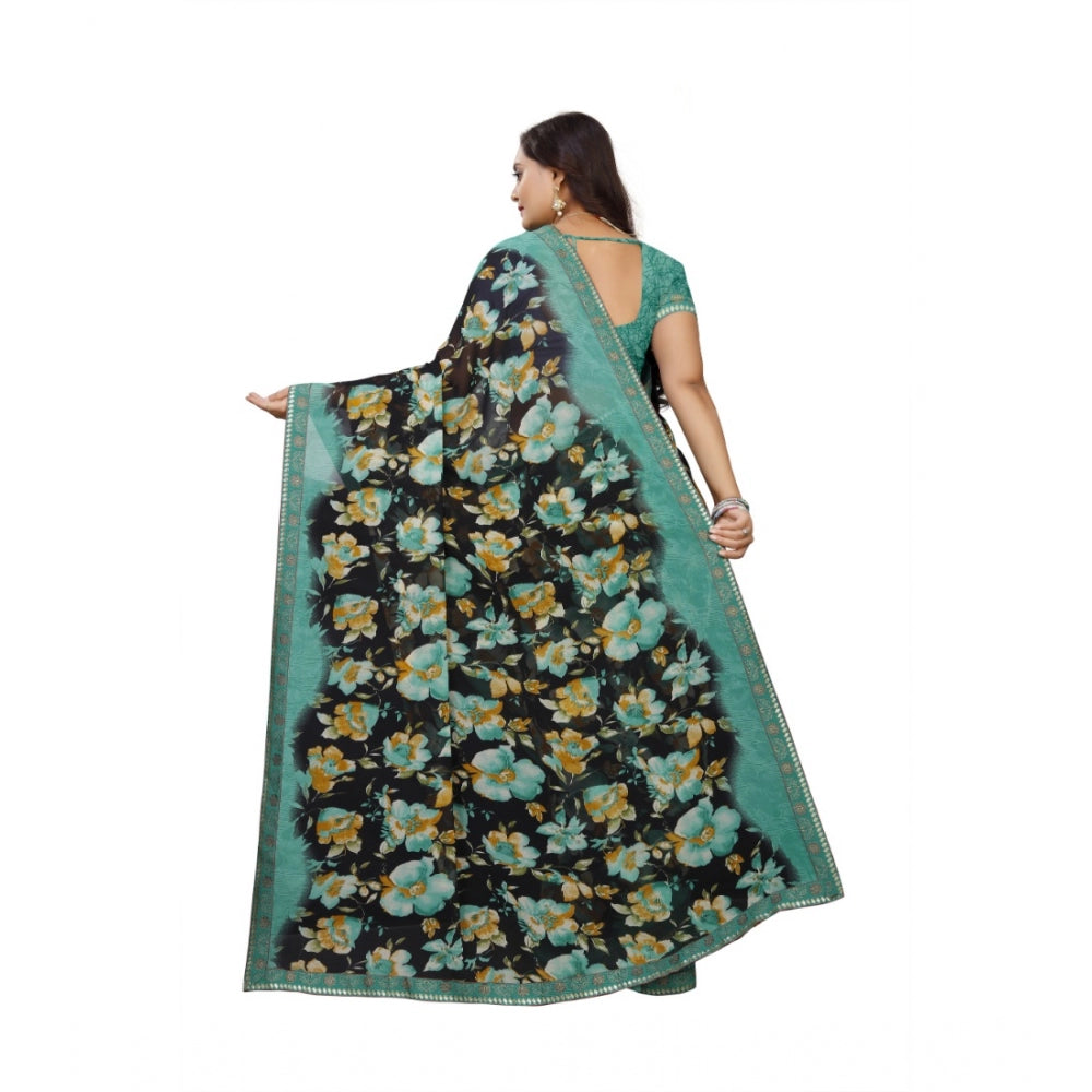 Women's Georgette Floral Print Saree With Unstitched Blouse 5.5Mtr (Blue-Black)